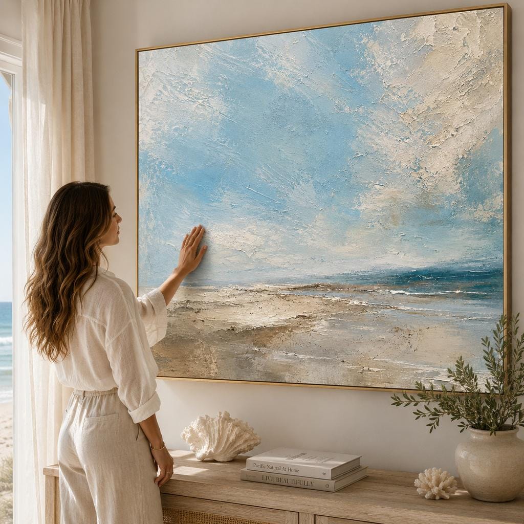 Coastal Textured Wall Art, Soft Blue & Sand Impasto Canvas, Beach House Japandi Living Room Decor