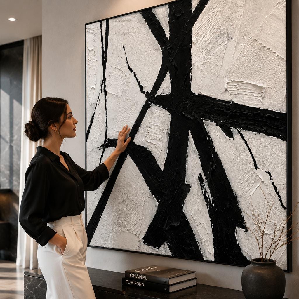Textured Black White Abstract Canvas Art, Impasto Palette Knife Painting, Modern Monochrome Living Room Decor