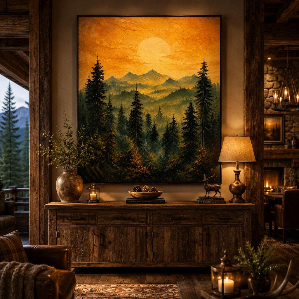 Textured Mountain Forest Sunset Painting, Palette Knife Impasto Pine Ridge Art