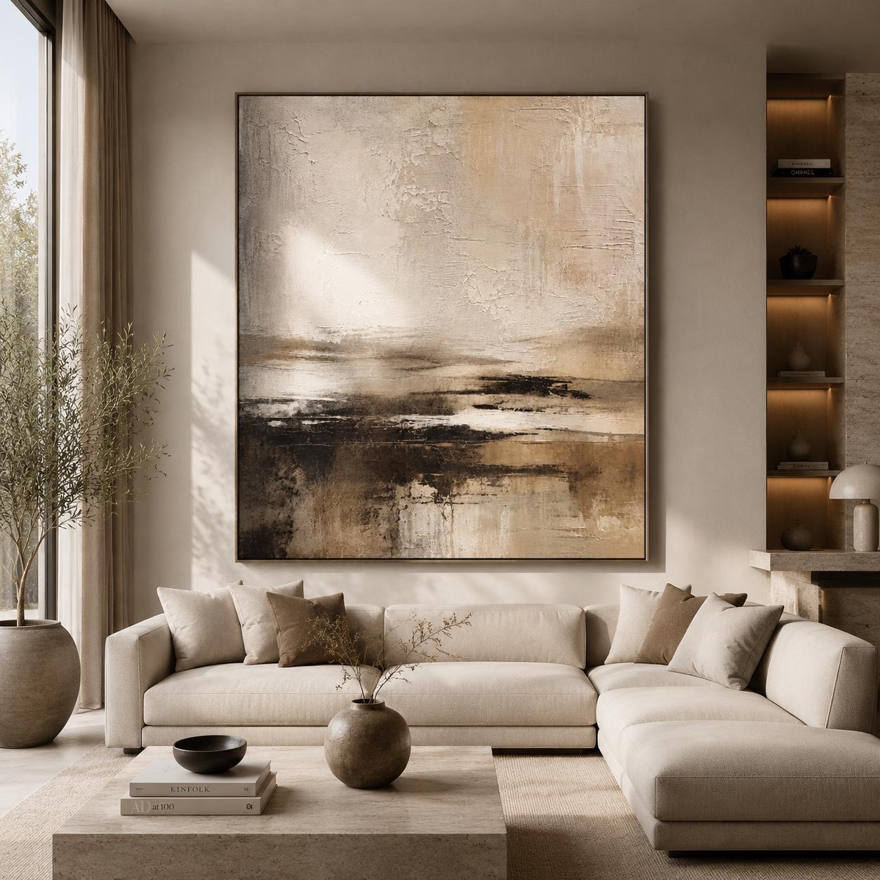 Textured Abstract Canvas Painting, Impasto Neutral Brown Beige Wall Art, Minimalist Living Room Modern Decor