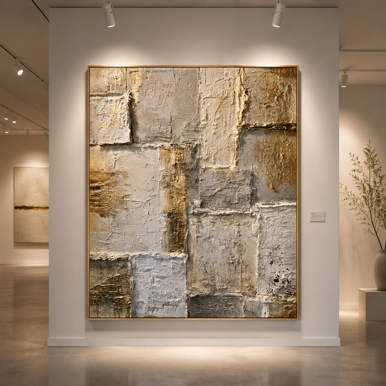 Gold Textured Abstract Wall Art, Neutral Geometric Canvas Painting, Luxury Modern Plaster Artwork, Beige Gray Statement Wall Decor