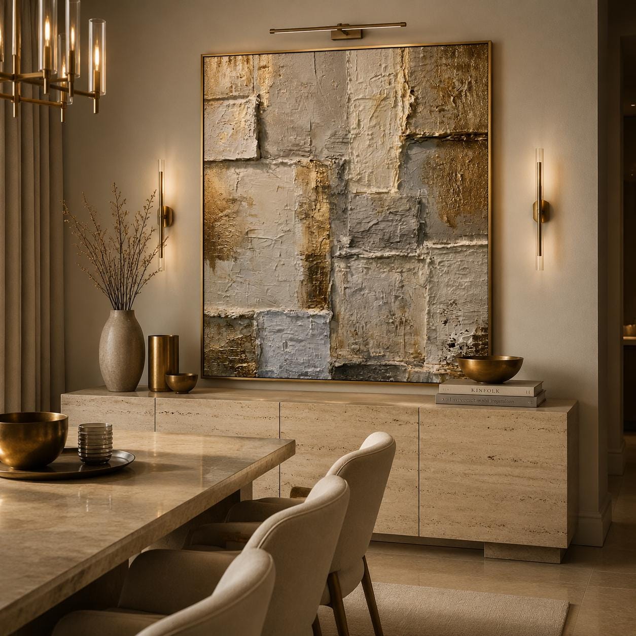 Gold Textured Abstract Wall Art, Neutral Geometric Canvas Painting, Luxury Modern Plaster Artwork, Beige Gray Statement Wall Decor