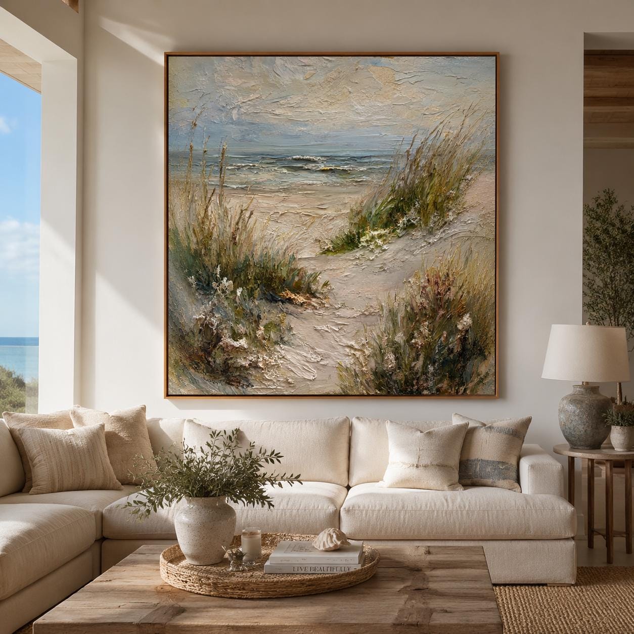 Coastal Beach Landscape Wall Art, Textured Ocean Canvas Painting, Seascape Impasto Artwork, Neutral Coastal Wall Decor, Beach Path Painting