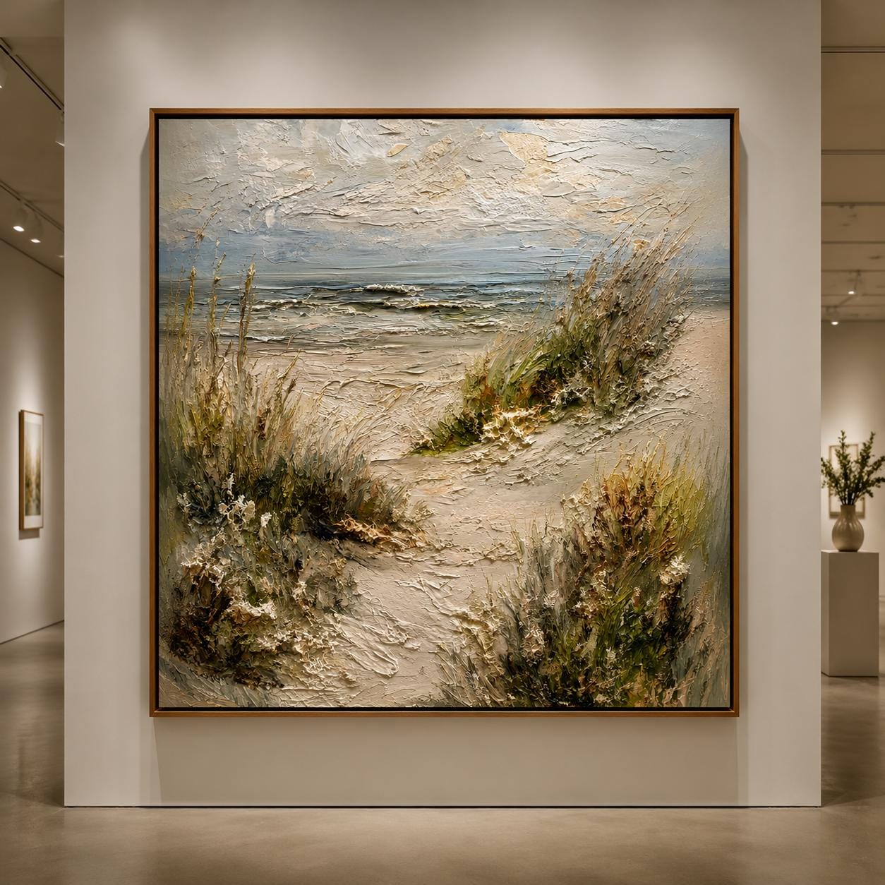 Coastal Beach Landscape Wall Art, Textured Ocean Canvas Painting, Seascape Impasto Artwork, Neutral Coastal Wall Decor, Beach Path Painting