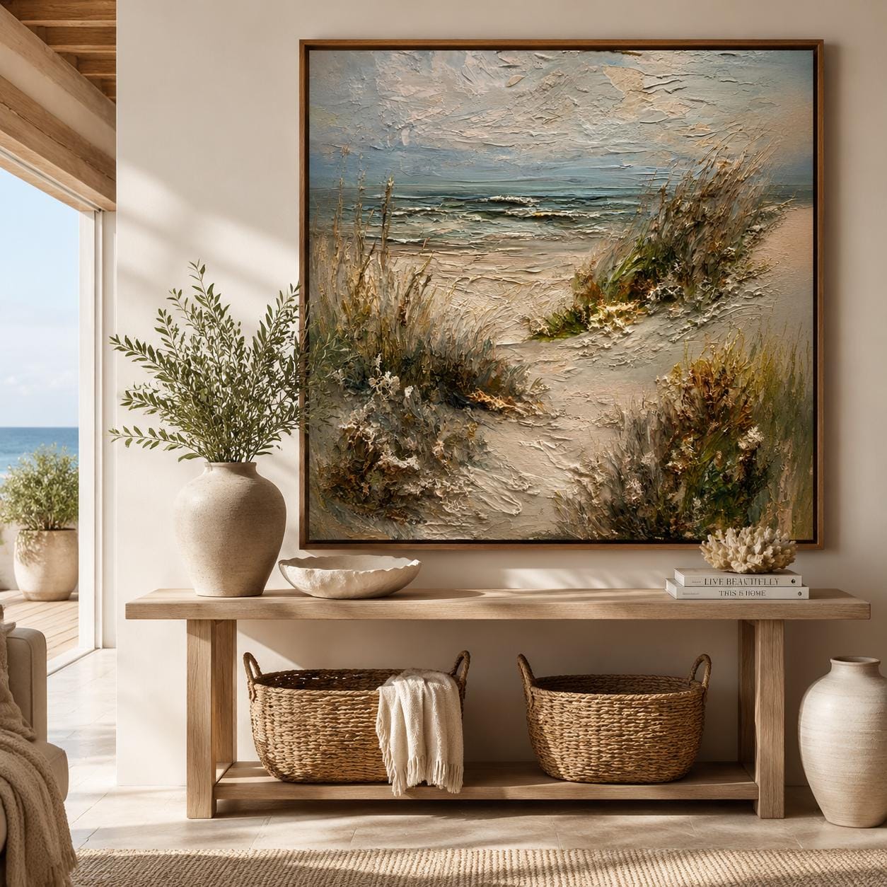 Coastal Beach Landscape Wall Art, Textured Ocean Canvas Painting, Seascape Impasto Artwork, Neutral Coastal Wall Decor, Beach Path Painting