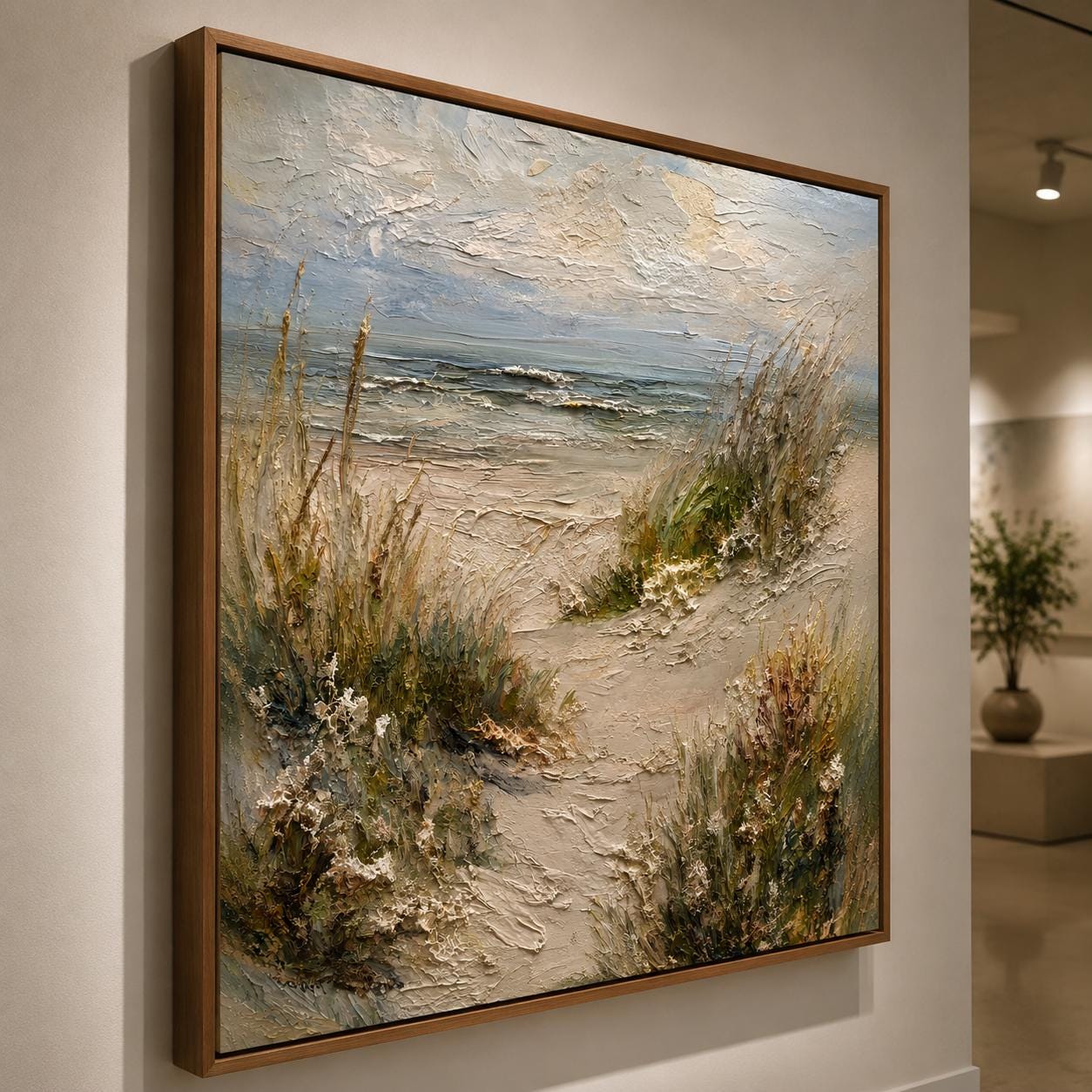 Coastal Beach Landscape Wall Art, Textured Ocean Canvas Painting, Seascape Impasto Artwork, Neutral Coastal Wall Decor, Beach Path Painting