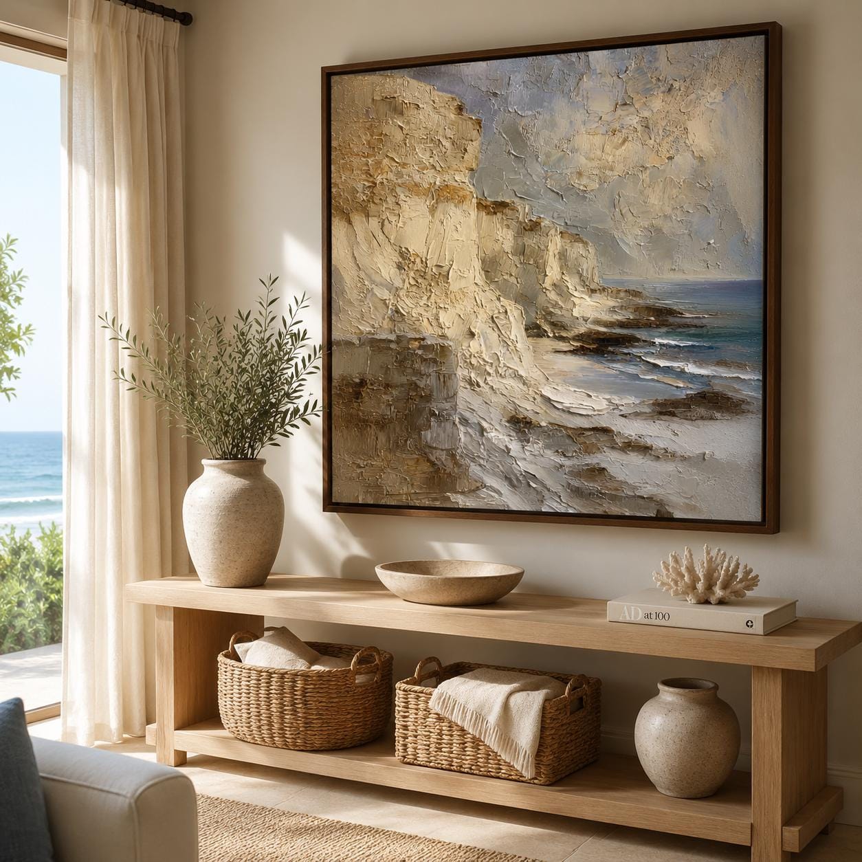 Coastal Cliff Wall Art, Textured Ocean Landscape Painting, Neutral Seascape Canvas, Beach Cliffs Impasto Artwork, Luxury Coastal Wall Decor