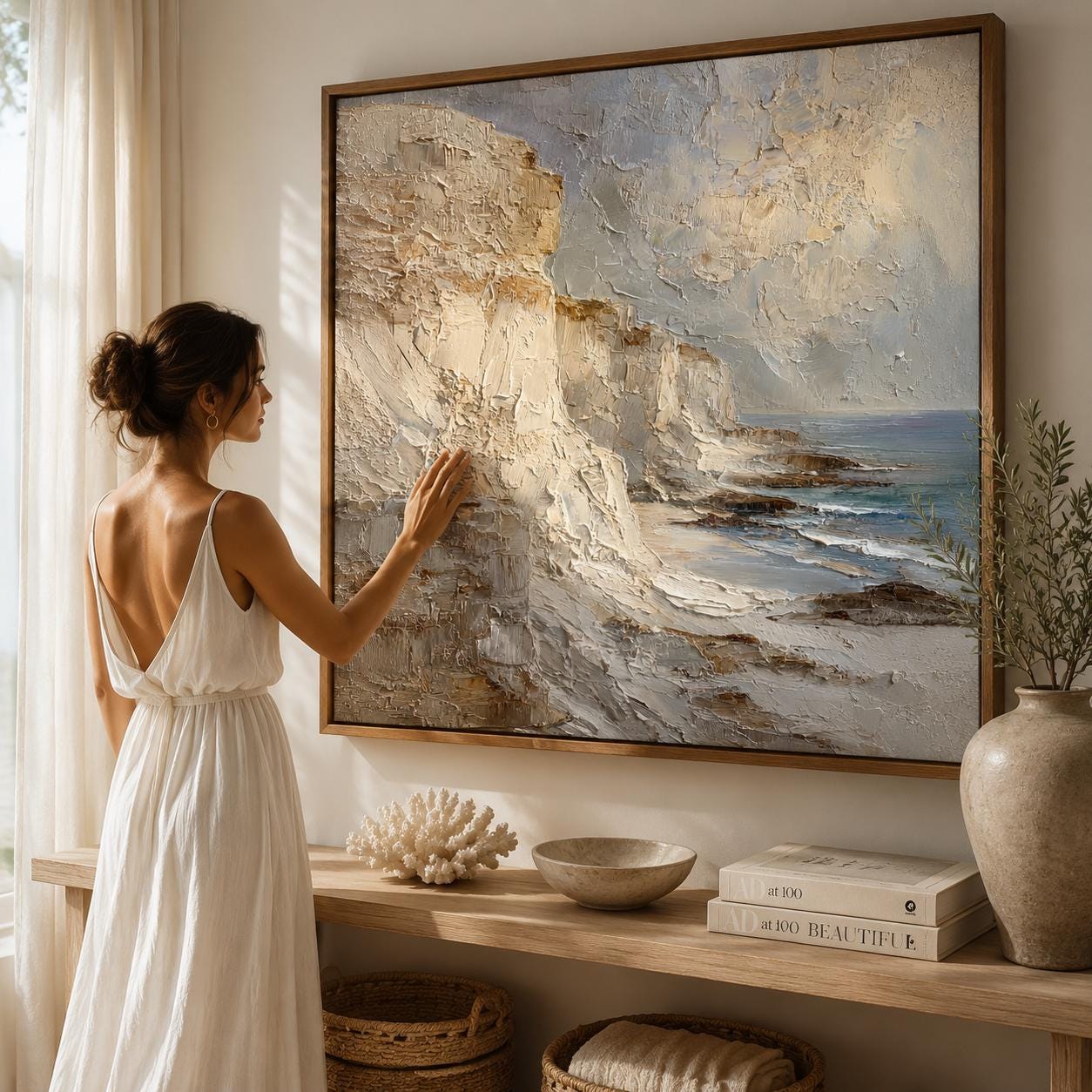 Coastal Cliff Wall Art, Textured Ocean Landscape Painting, Neutral Seascape Canvas, Beach Cliffs Impasto Artwork, Luxury Coastal Wall Decor