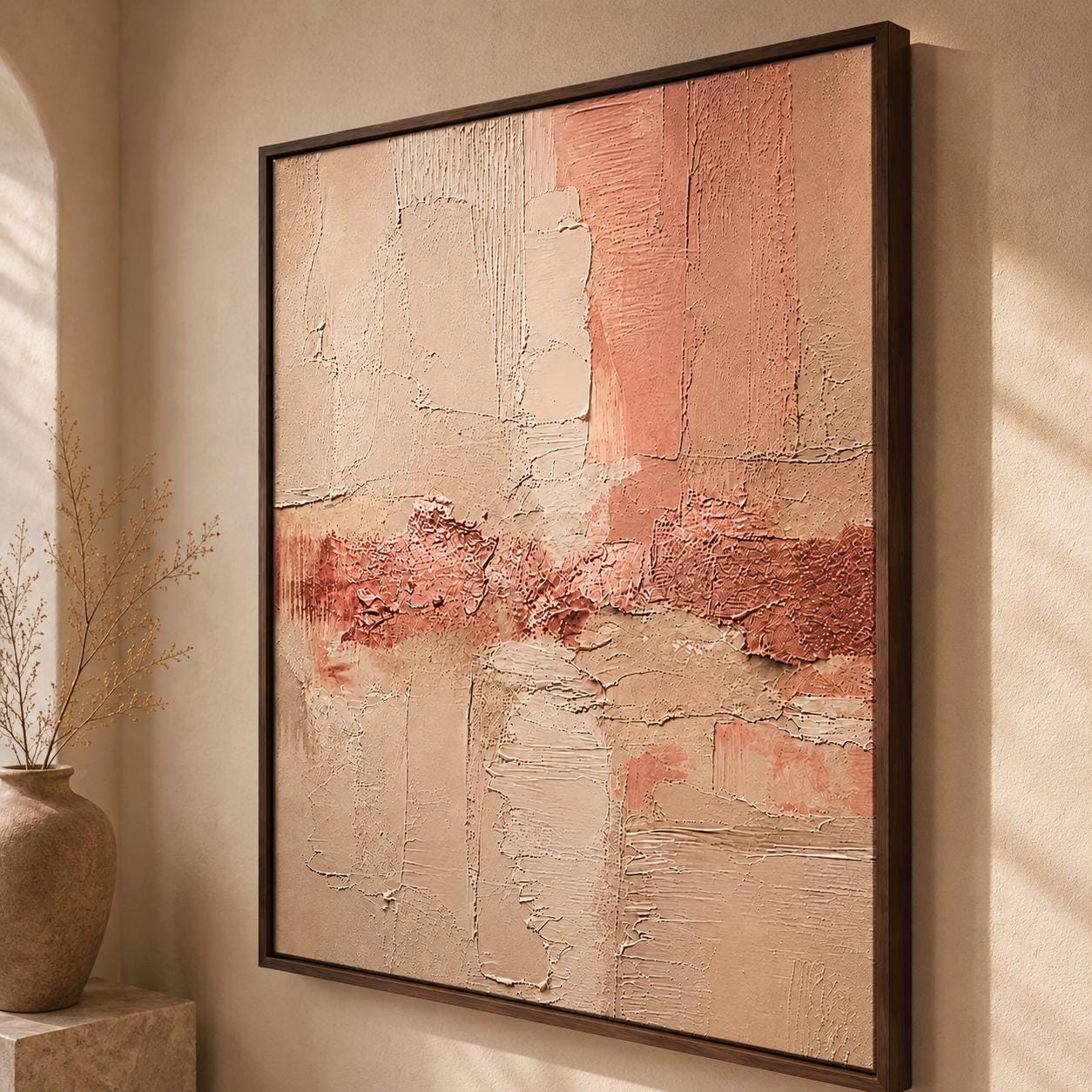 Blush Pink Textured Abstract Painting, Neutral Plaster Wall Art, Modern Minimalist Canvas, Japandi Luxury Decor