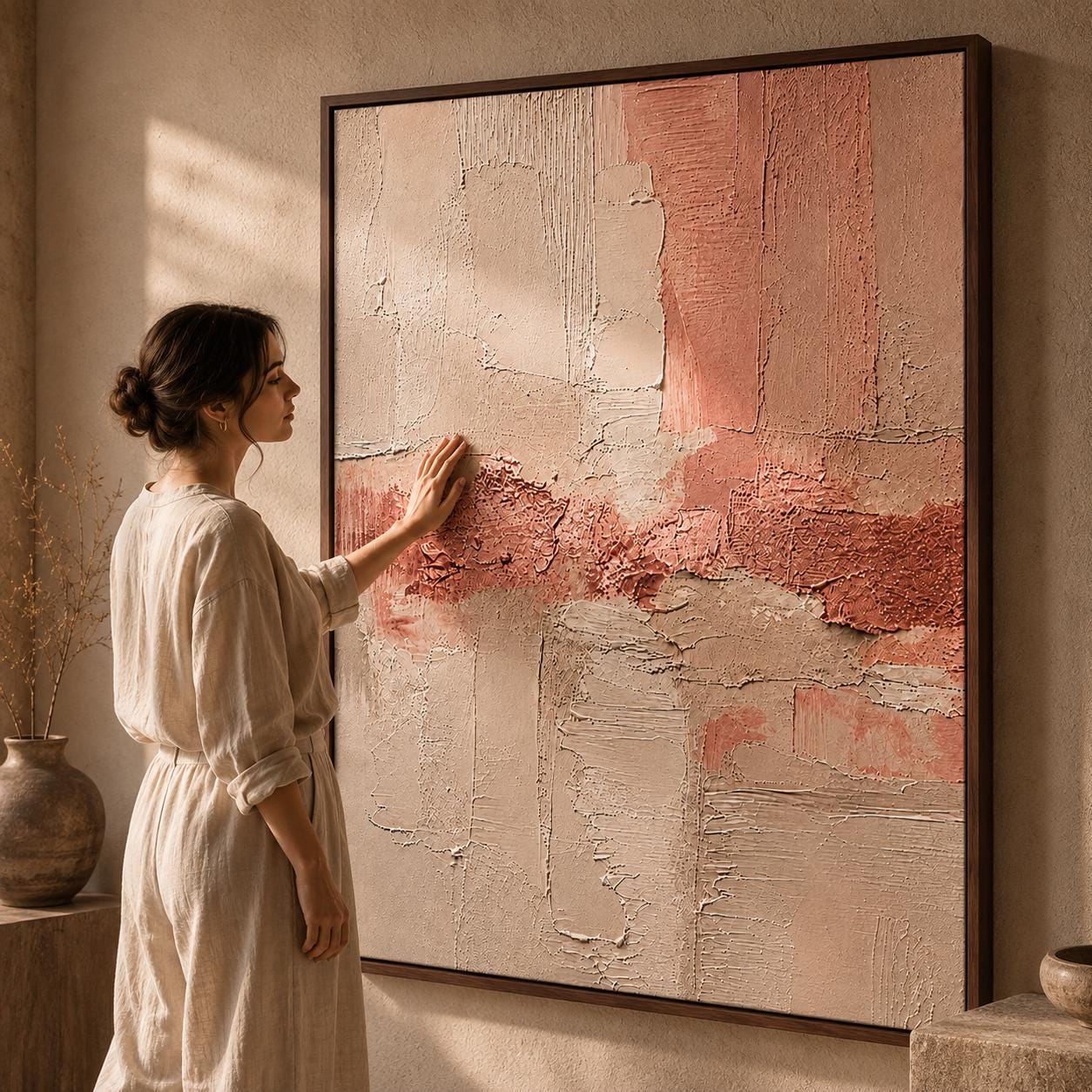 Blush Pink Textured Abstract Painting, Neutral Plaster Wall Art, Modern Minimalist Canvas, Japandi Luxury Decor