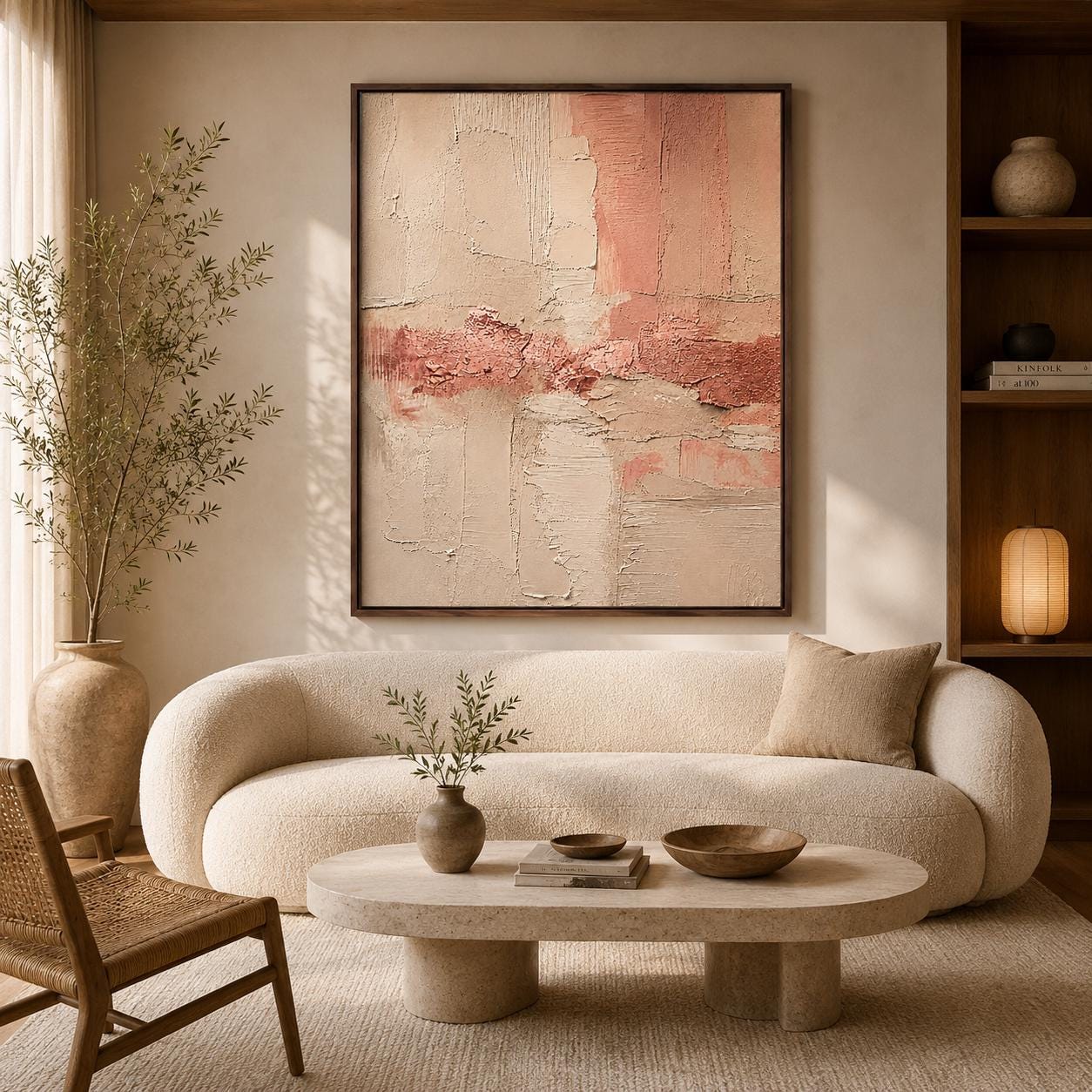 Blush Pink Textured Abstract Painting, Neutral Plaster Wall Art, Modern Minimalist Canvas, Japandi Luxury Decor