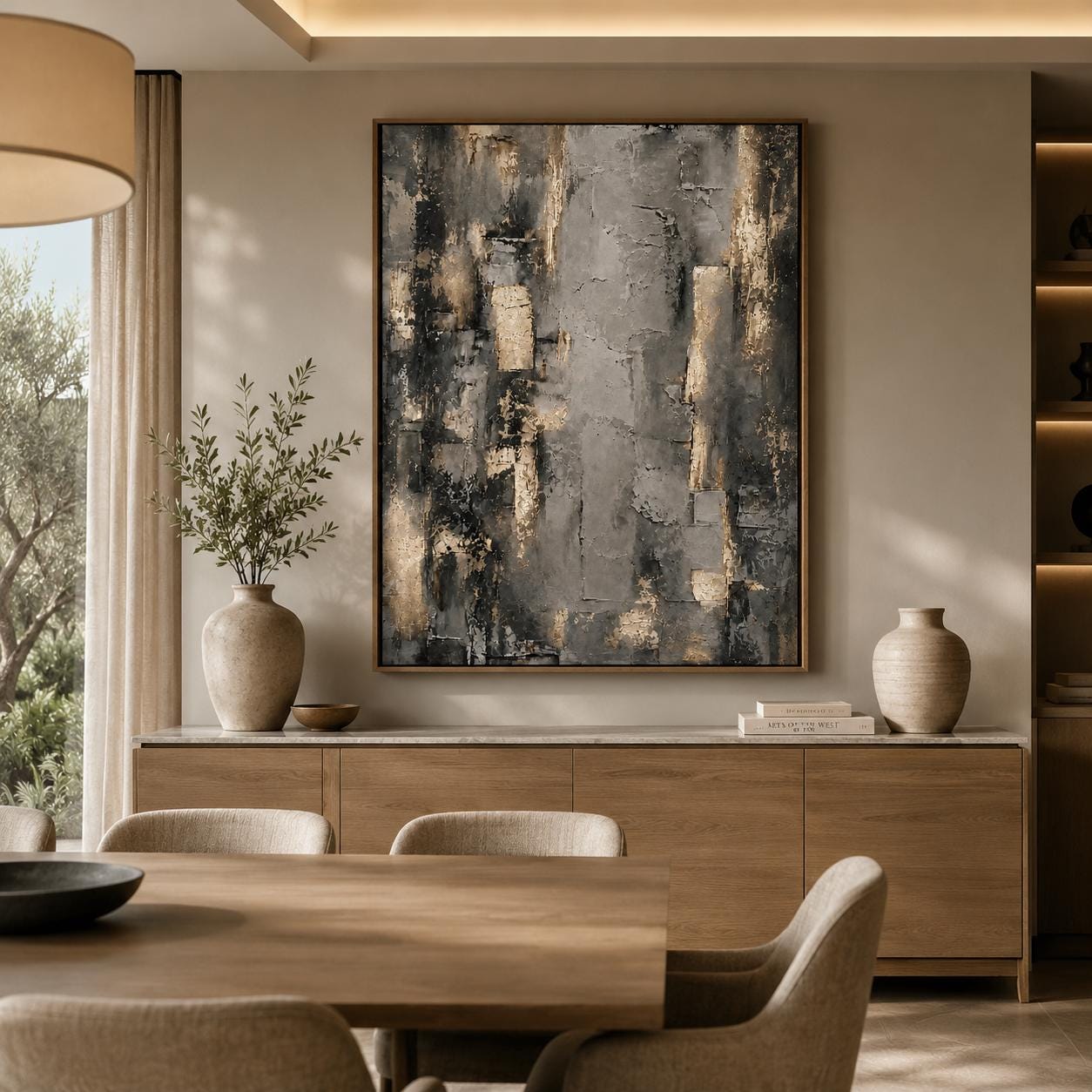 Gray Gold Abstract Wall Art, Textured Neutral Painting, Modern Geometric Canvas, Luxury Contemporary Artwork, Metallic Minimalist Decor