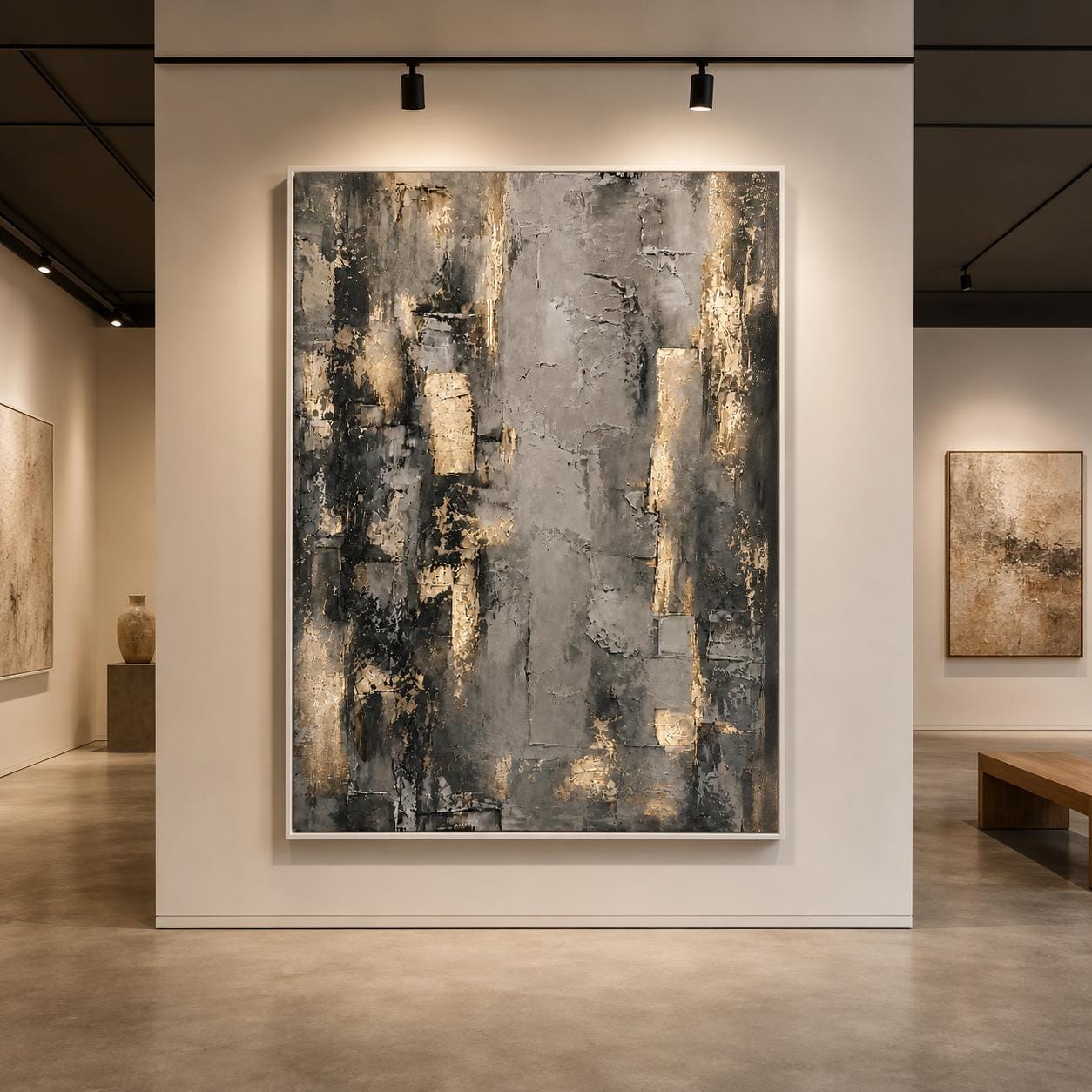 Gray Gold Abstract Wall Art, Textured Neutral Painting, Modern Geometric Canvas, Luxury Contemporary Artwork, Metallic Minimalist Decor