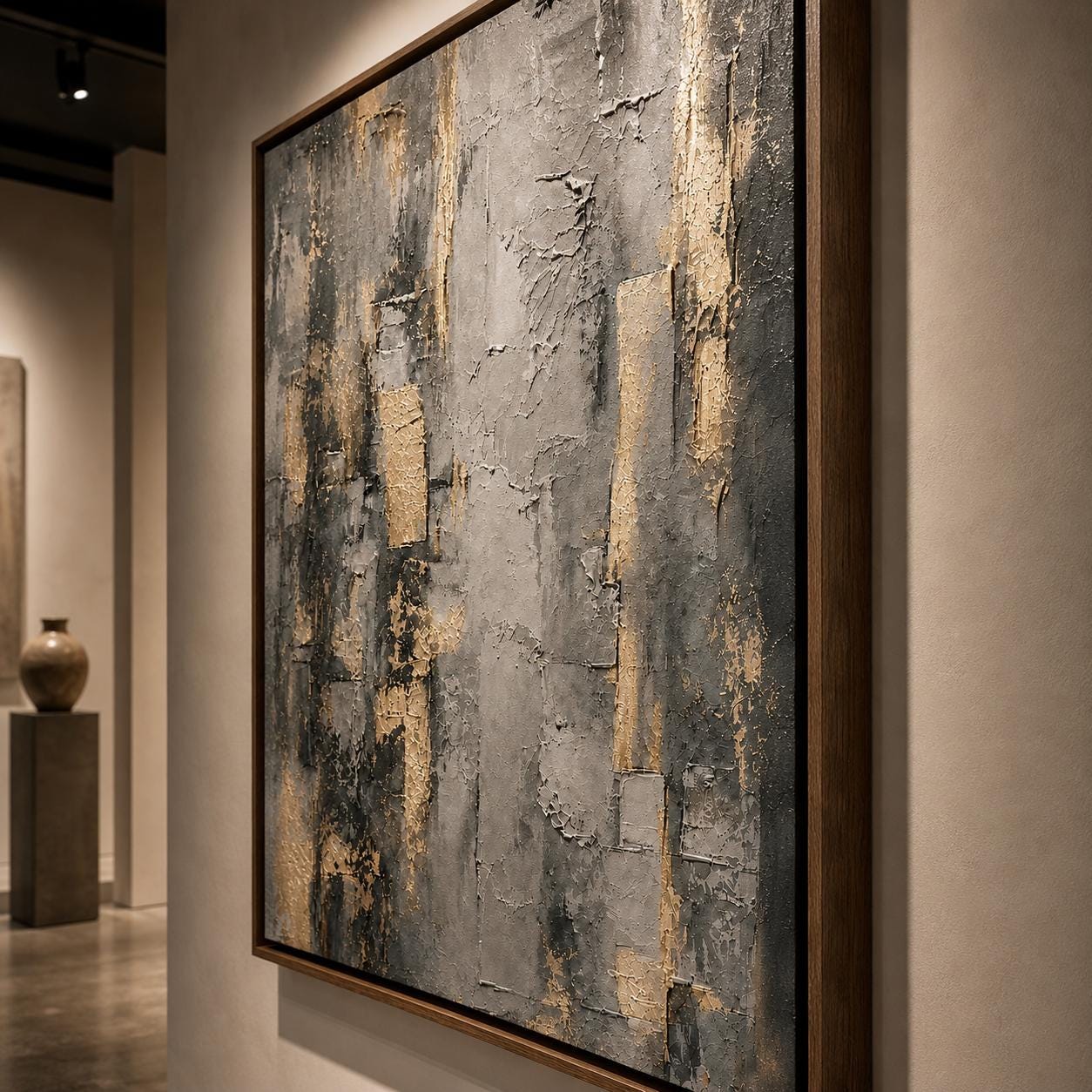 Gray Gold Abstract Wall Art, Textured Neutral Painting, Modern Geometric Canvas, Luxury Contemporary Artwork, Metallic Minimalist Decor