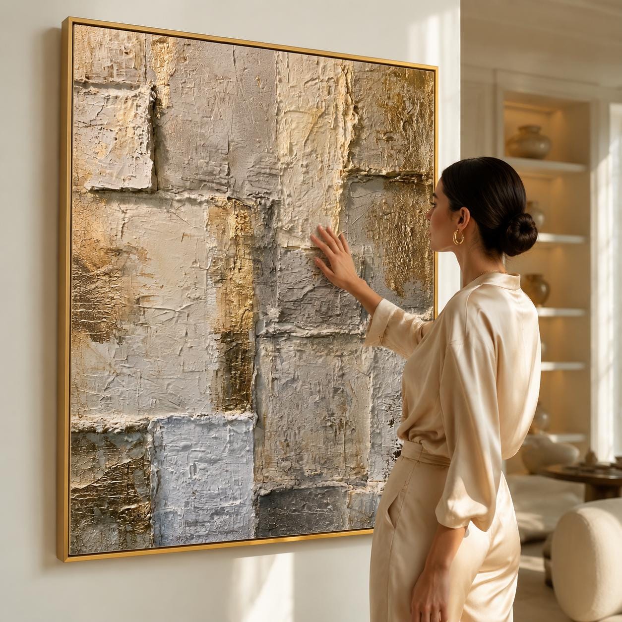 Gold Textured Abstract Wall Art, Neutral Geometric Canvas Painting, Luxury Modern Plaster Artwork, Beige Gray Statement Wall Decor