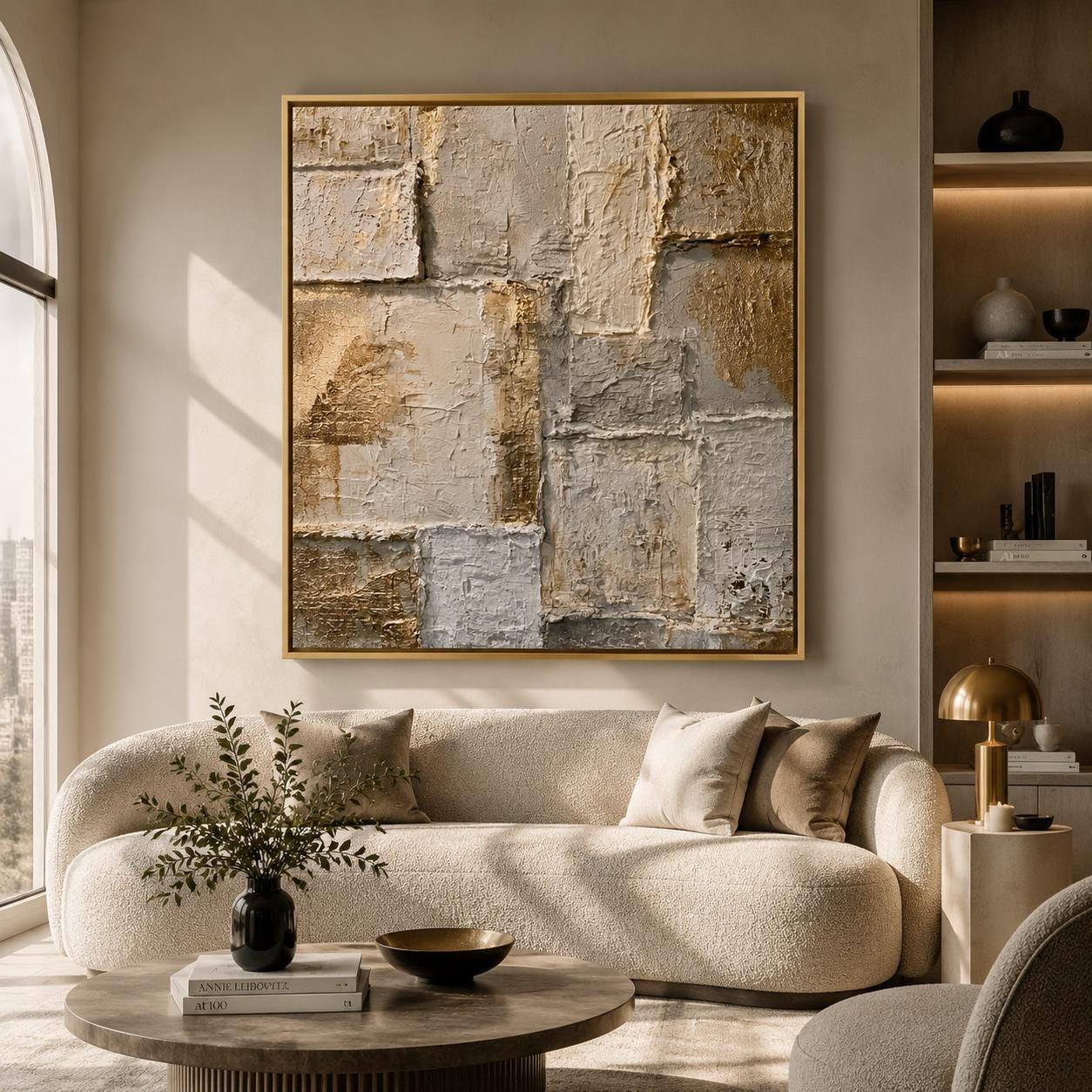 Gold Textured Abstract Wall Art, Neutral Geometric Canvas Painting, Luxury Modern Plaster Artwork, Beige Gray Statement Wall Decor
