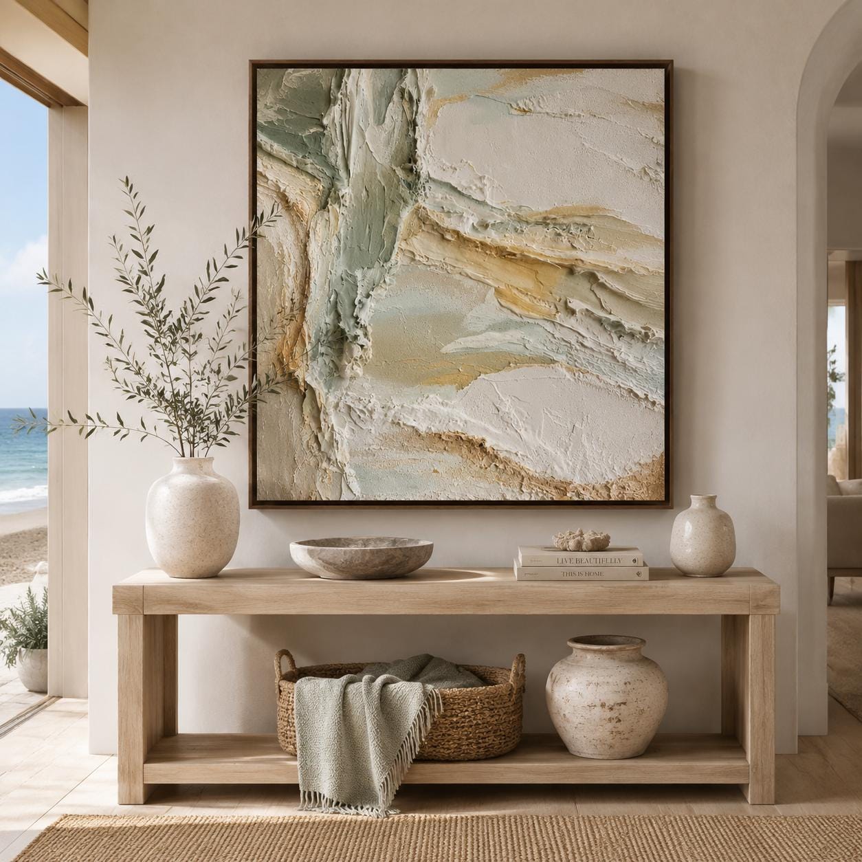Coastal Textured Wall Art, Ocean Inspired Abstract Canvas Painting, Neutral Beach Plaster Artwork, Modern Coastal Wall Decor, Impasto Canvas
