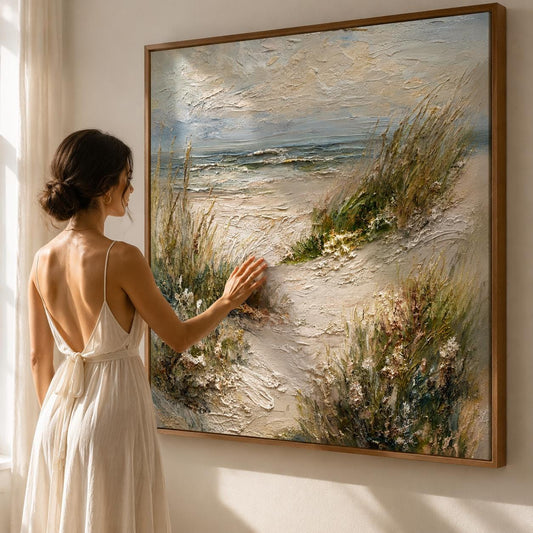 Coastal Beach Landscape Wall Art, Textured Ocean Canvas Painting, Seascape Impasto Artwork, Neutral Coastal Wall Decor, Beach Path Painting