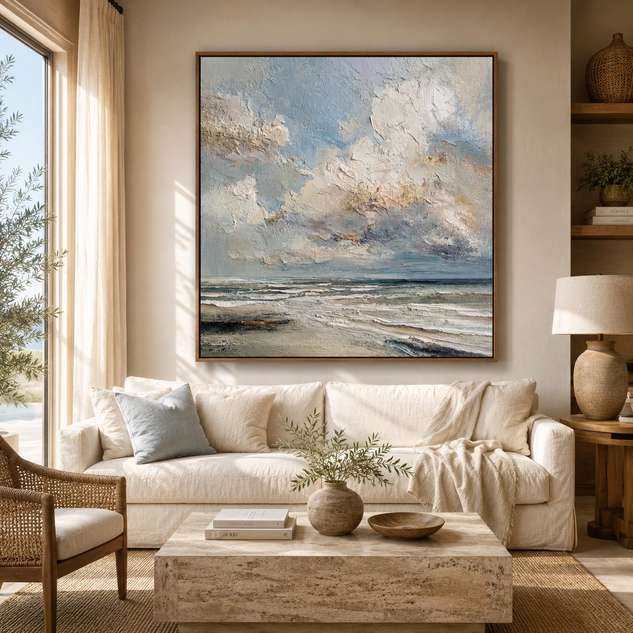 Ocean Horizon Wall Art, Textured Seascape Painting, Coastal Impasto Canvas, Blue Neutral Beach Artwork, Modern Ocean Landscape Decor