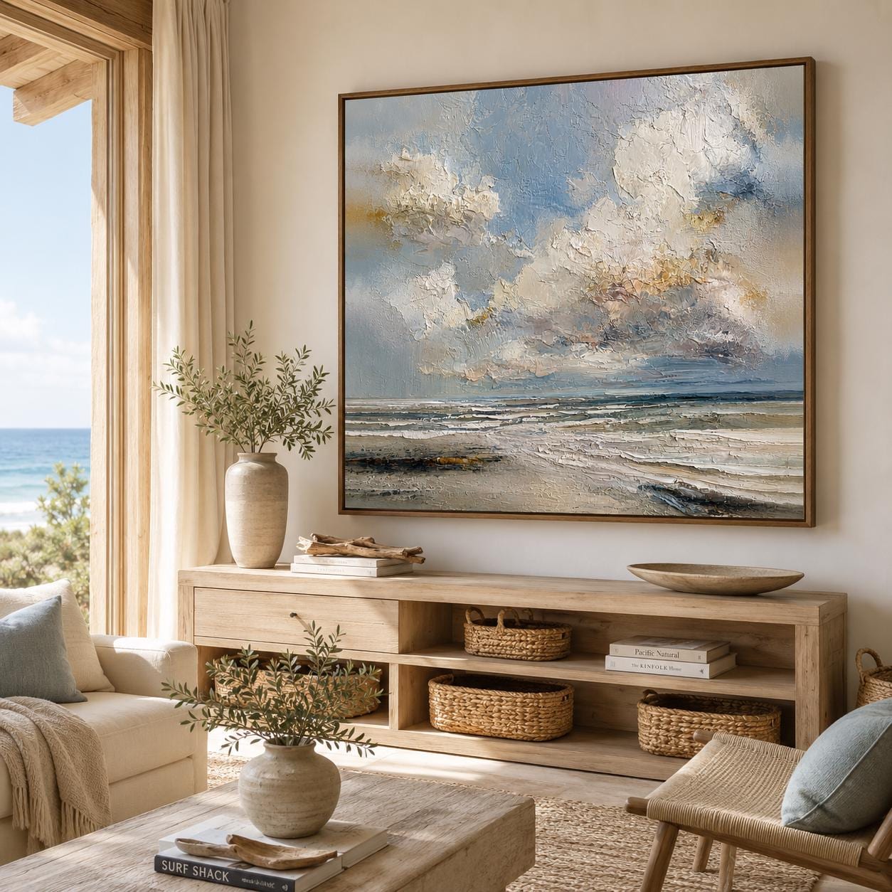 Ocean Horizon Wall Art, Textured Seascape Painting, Coastal Impasto Canvas, Blue Neutral Beach Artwork, Modern Ocean Landscape Decor