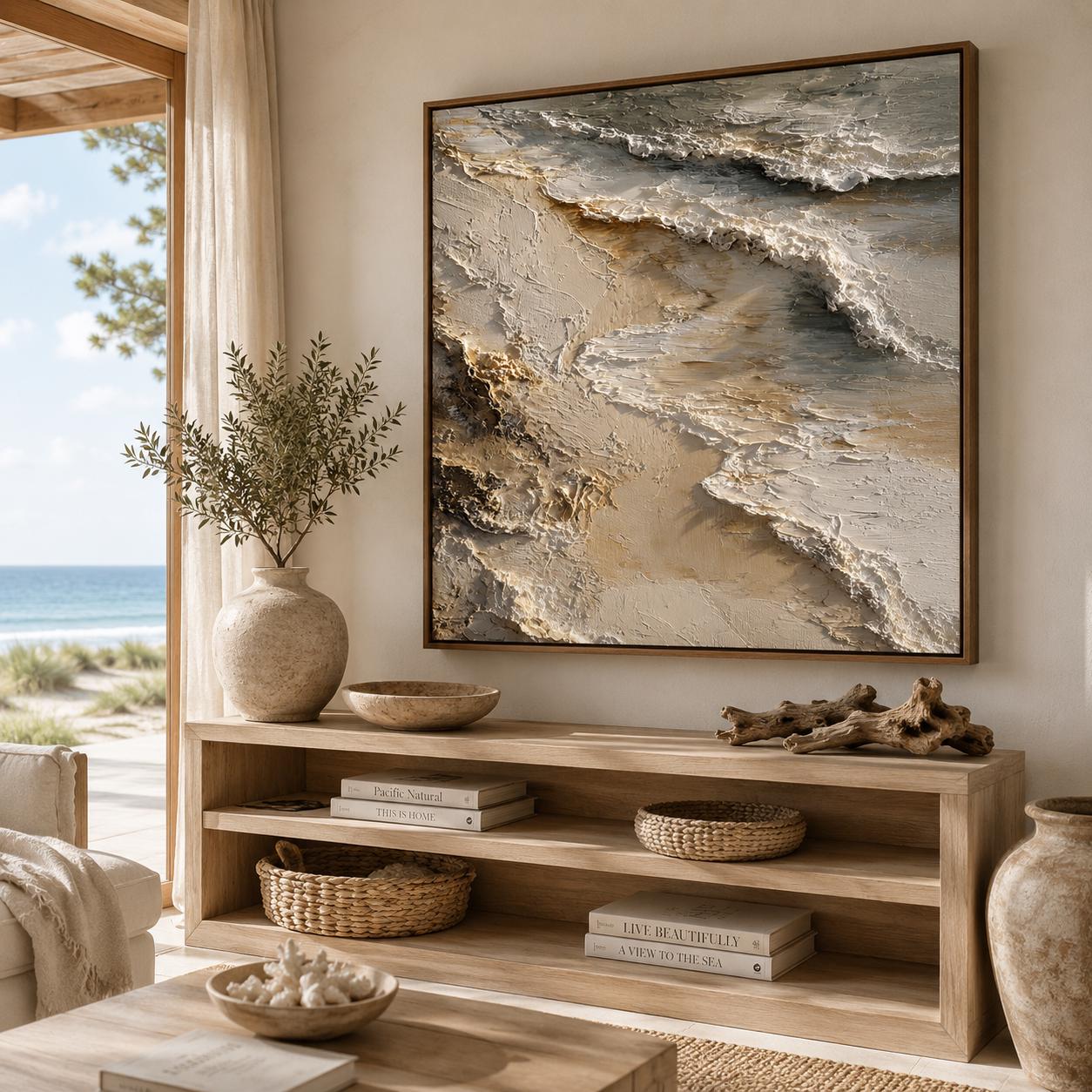 Textured Beach Wave Wall Art, Coastal Ocean Painting, Sandy Shore Impasto Canvas, Neutral Seascape Artwork, Luxury Beach Decor