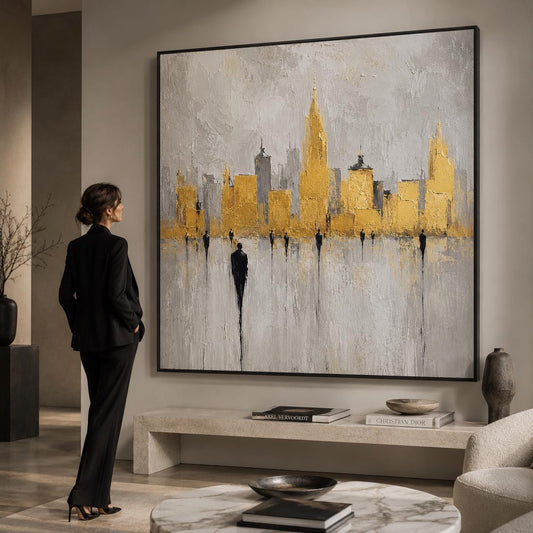 Gold City Skyline Wall Art, Textured Abstract Cityscape Painting, Luxury Modern Canvas, Gold Leaf Urban Artwork, Minimalist Skyline Decor