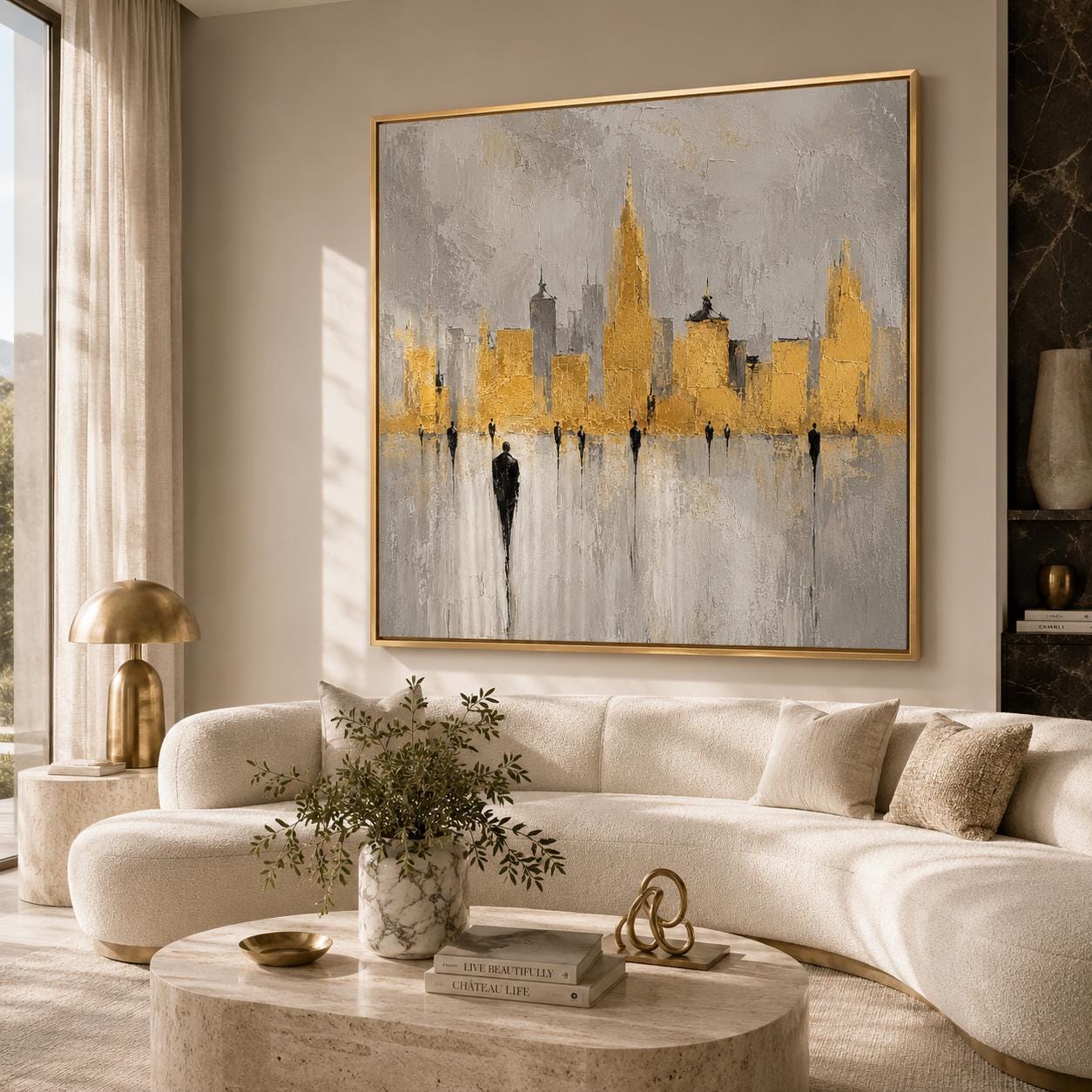 Gold City Skyline Wall Art, Textured Abstract Cityscape Painting, Luxury Modern Canvas, Gold Leaf Urban Artwork, Minimalist Skyline Decor