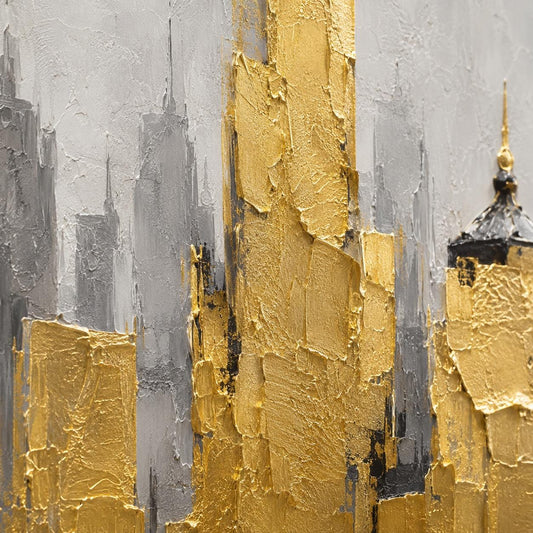 Gold City Skyline Wall Art, Textured Abstract Cityscape Painting, Luxury Modern Canvas, Gold Leaf Urban Artwork, Minimalist Skyline Decor