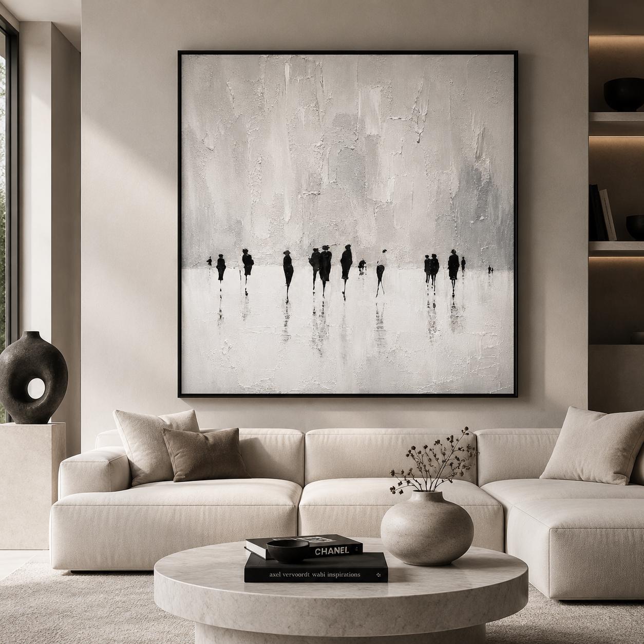 Black and White Abstract Figurative Painting, Minimalist Textured Wall Art, Modern Contemporary Canvas, Monochrome Human Silhouette Artwork