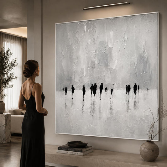Black and White Abstract Figurative Painting, Minimalist Textured Wall Art, Modern Contemporary Canvas, Monochrome Human Silhouette Artwork