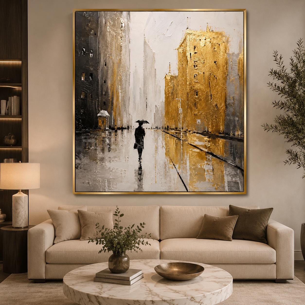Gold Cityscape Wall Art, Textured Urban Painting, Luxury Skyline Canvas, Modern Abstract City Painting, Black Gold Contemporary Decor
