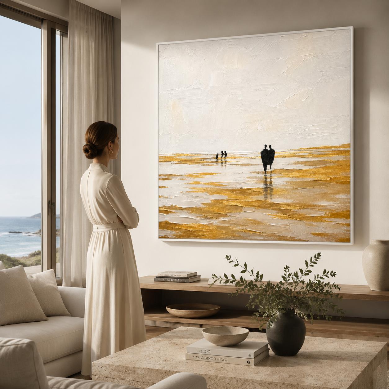 Gold Beach Abstract Painting, Textured Ocean Wall Art, Minimalist Coastal Canvas, Luxury Seascape Artwork, Black Figure Modern Decor