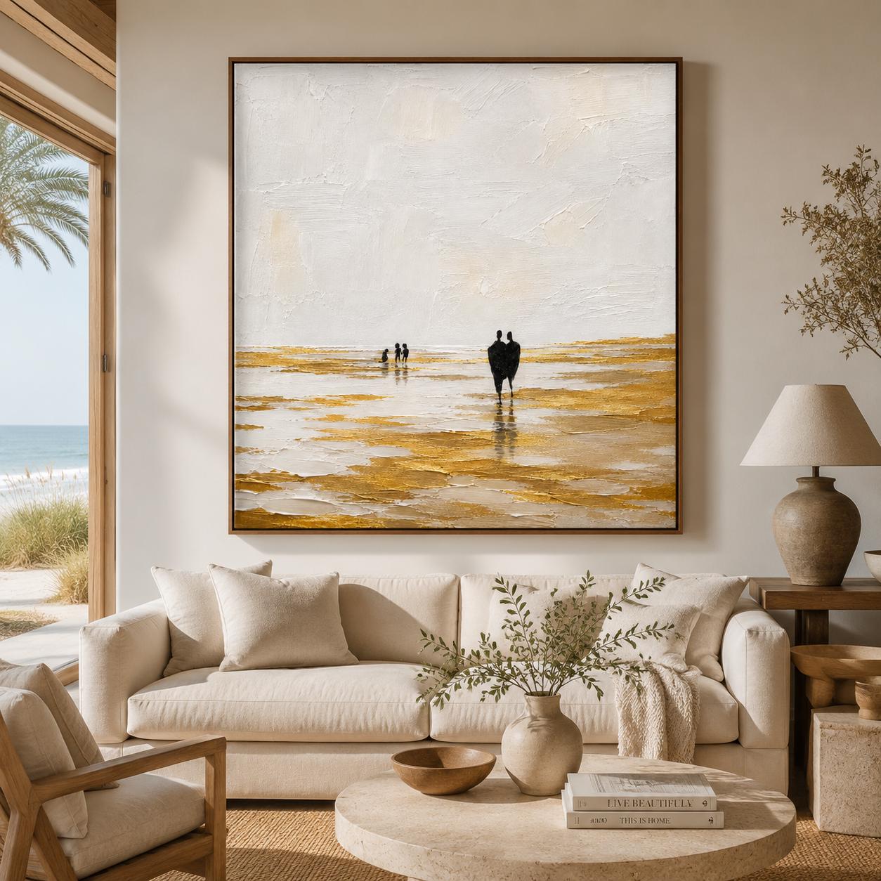 Gold Beach Abstract Painting, Textured Ocean Wall Art, Minimalist Coastal Canvas, Luxury Seascape Artwork, Black Figure Modern Decor