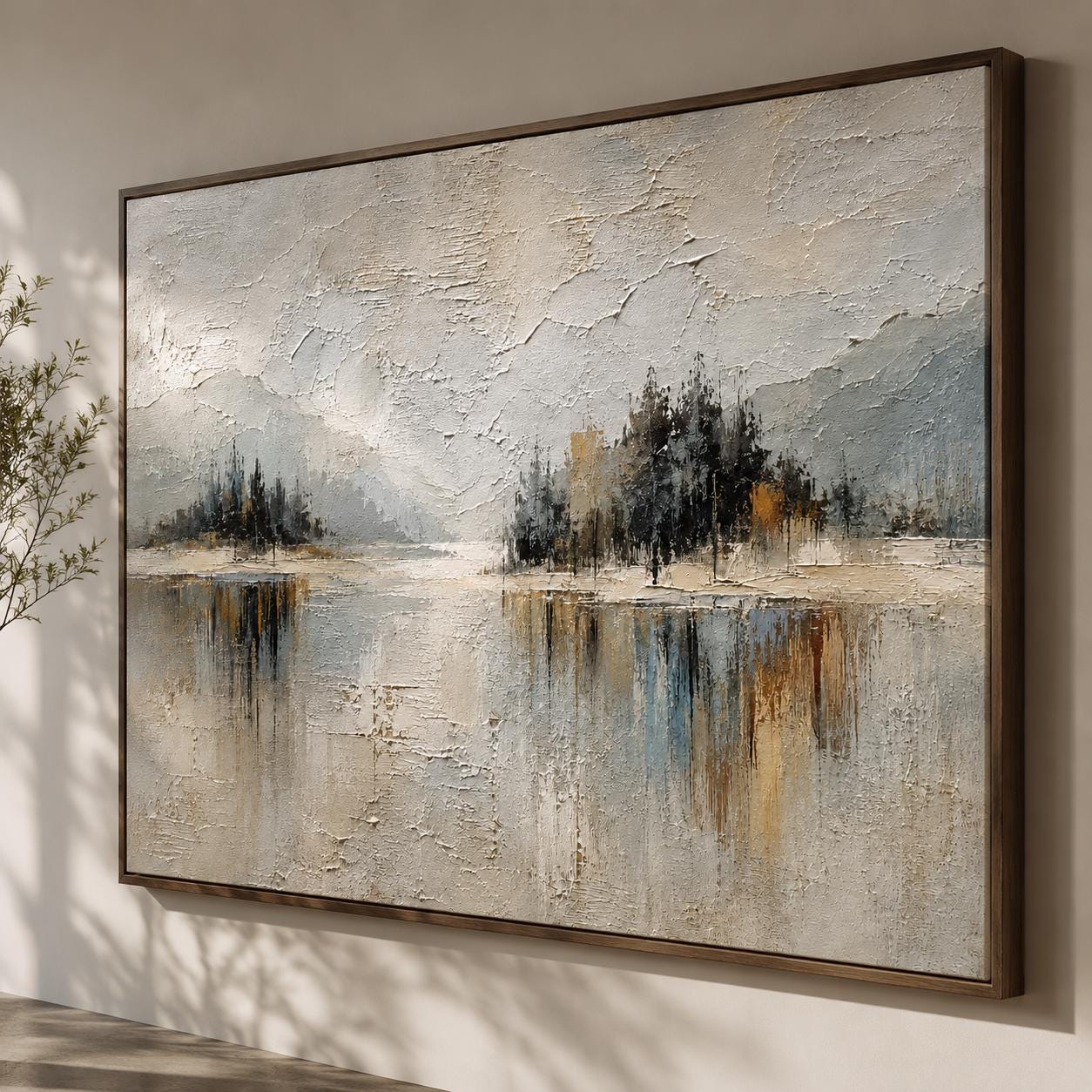 Abstract Landscape Wall Art, Textured Mountain Painting, Minimalist Nature Canvas, Neutral Modern Artwork, Contemporary Lake View Decor