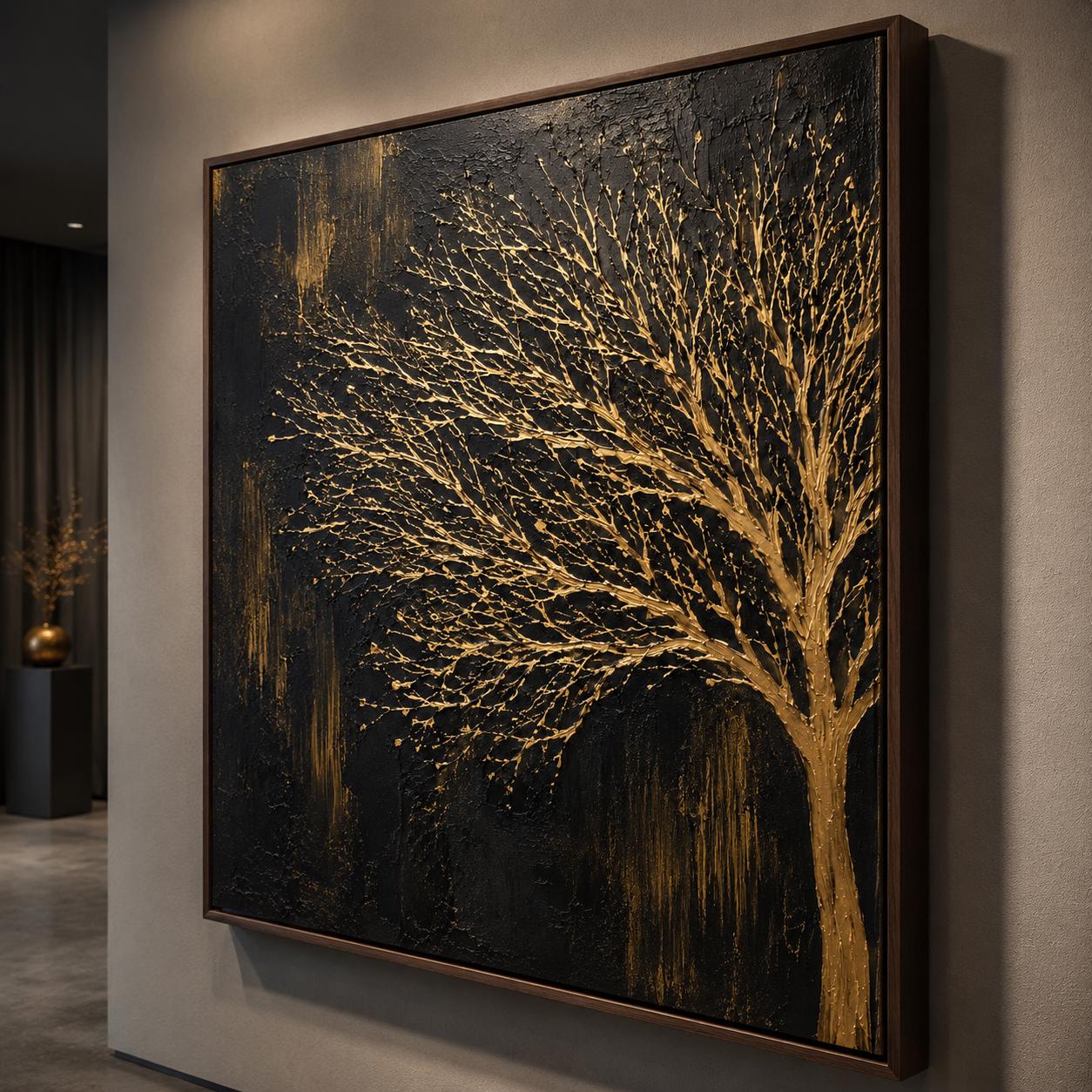 Black Gold Tree Wall Art, Textured Tree Painting, Luxury Abstract Nature Artwork, Modern Metallic Gold Canvas, Contemporary Minimalist Decor