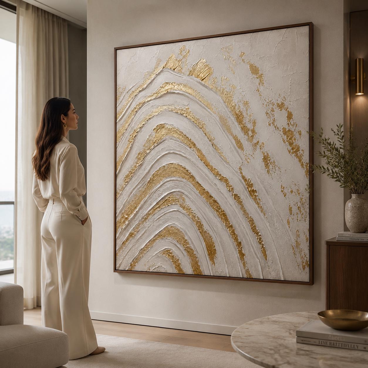 White Gold Abstract Texture Art, Luxury Gold Leaf Wall Art, Modern Minimalist Canvas Painting, Neutral Impasto Artwork