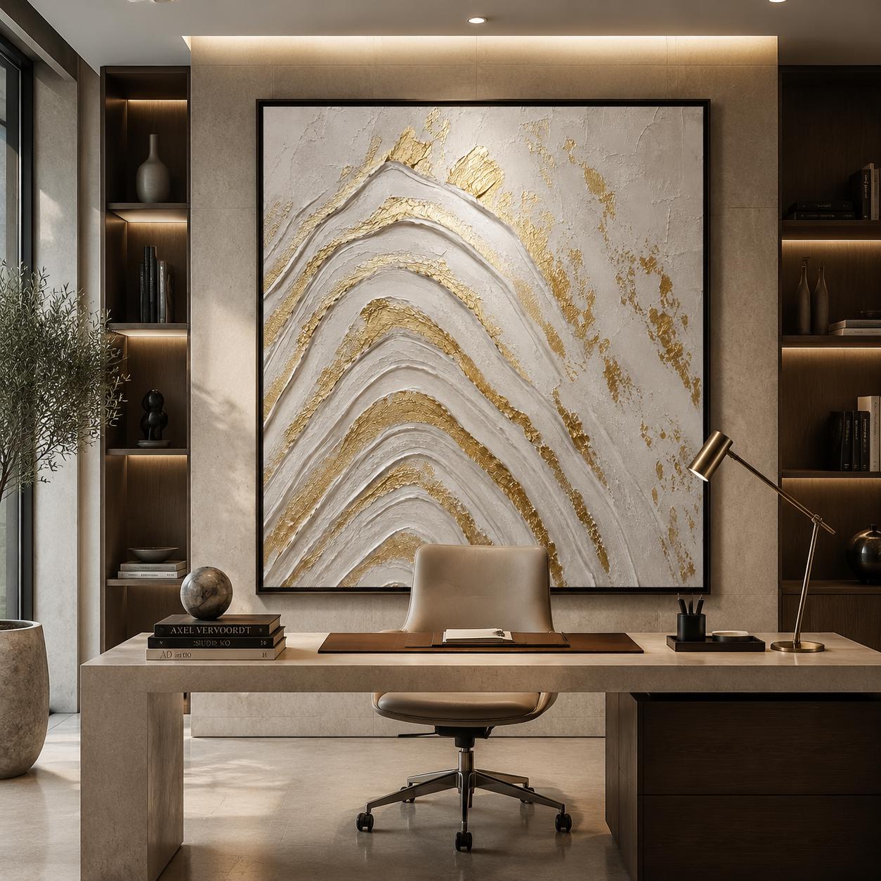 White Gold Abstract Texture Art, Luxury Gold Leaf Wall Art, Modern Minimalist Canvas Painting, Neutral Impasto Artwork