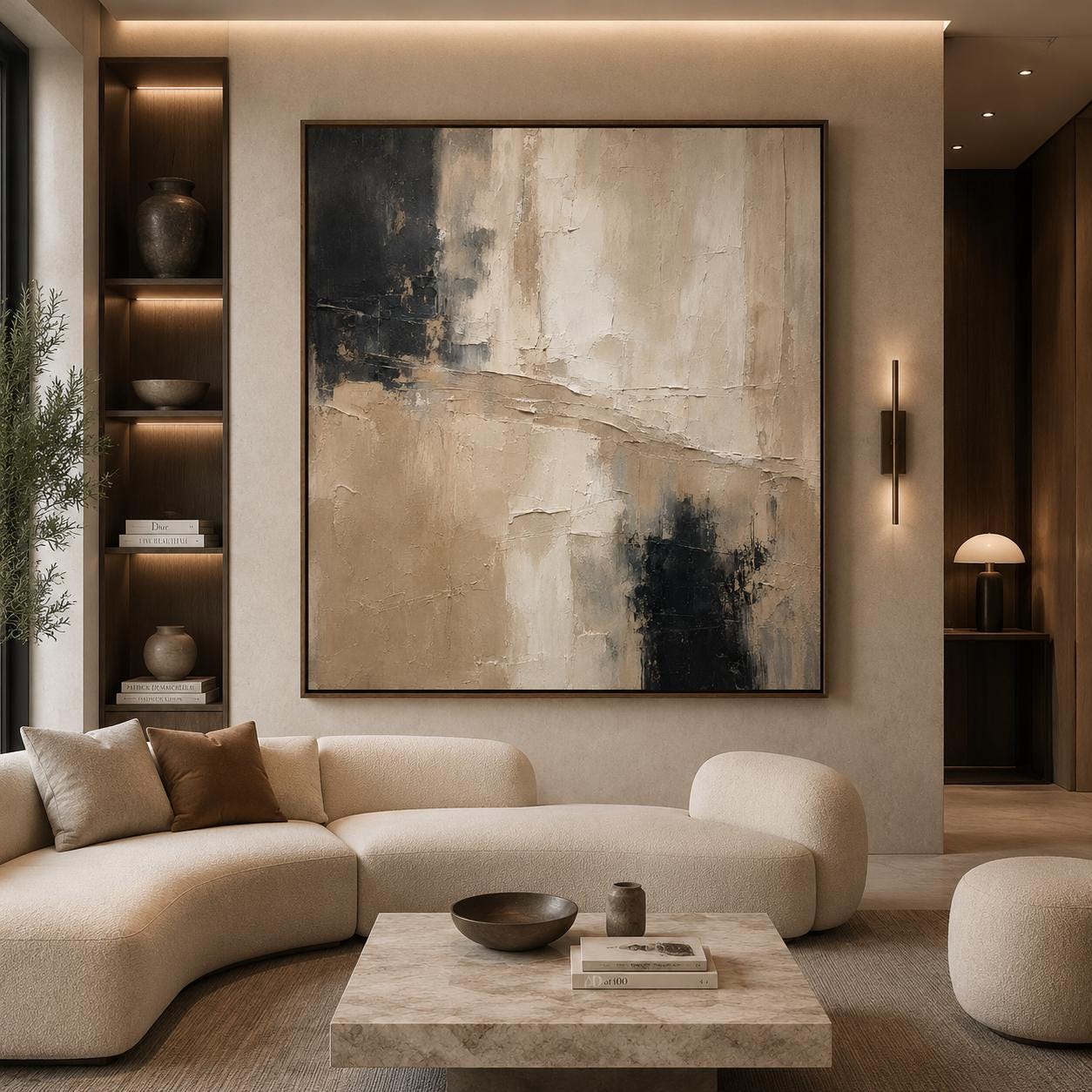 Neutral Beige Black Textured Abstract Painting, Luxury Minimalist Canvas Artwork