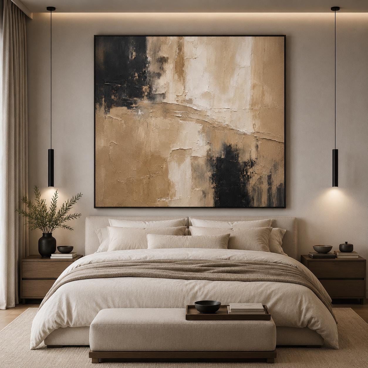Neutral Beige Black Textured Abstract Painting, Luxury Minimalist Canvas Artwork