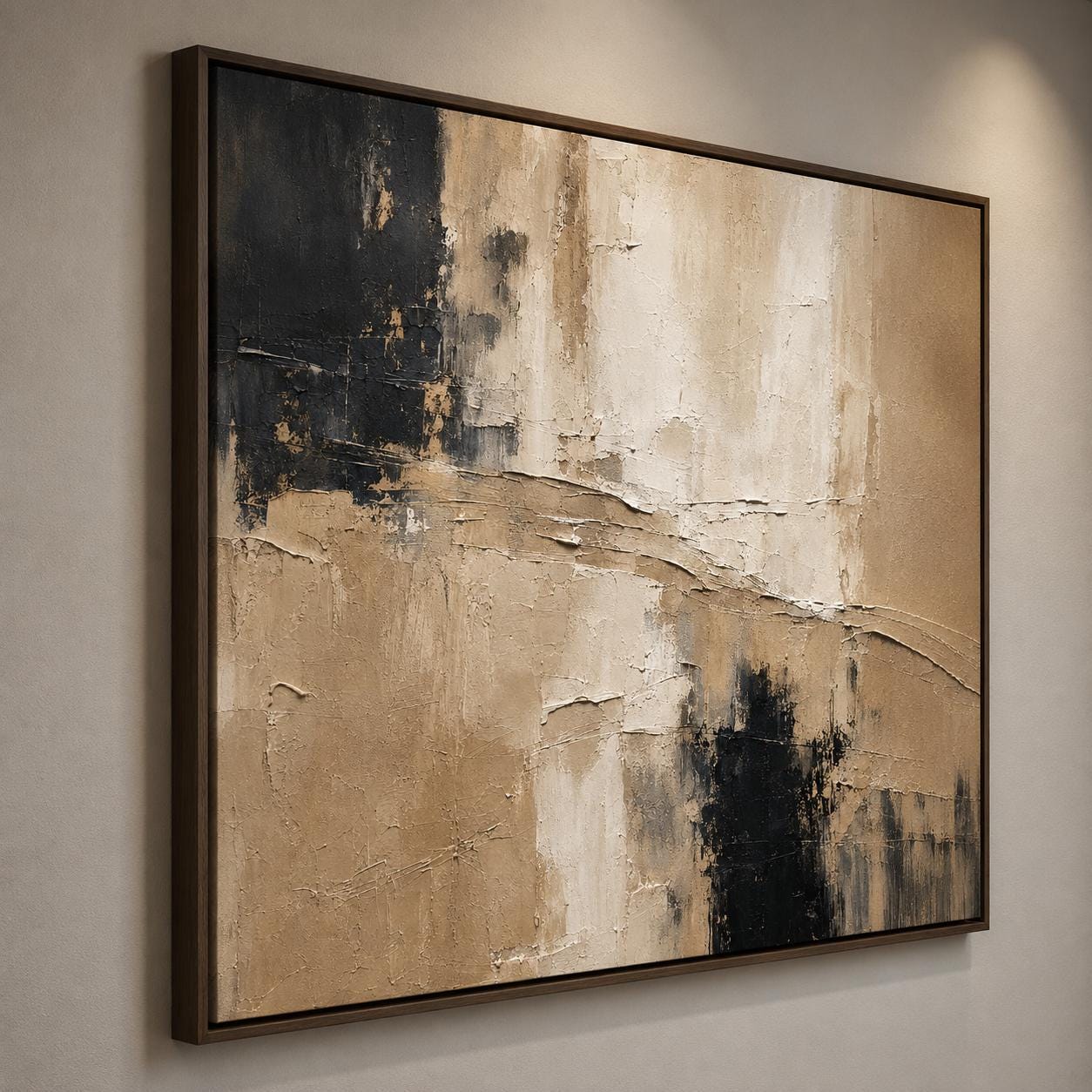 Neutral Beige Black Textured Abstract Painting, Luxury Minimalist Canvas Artwork