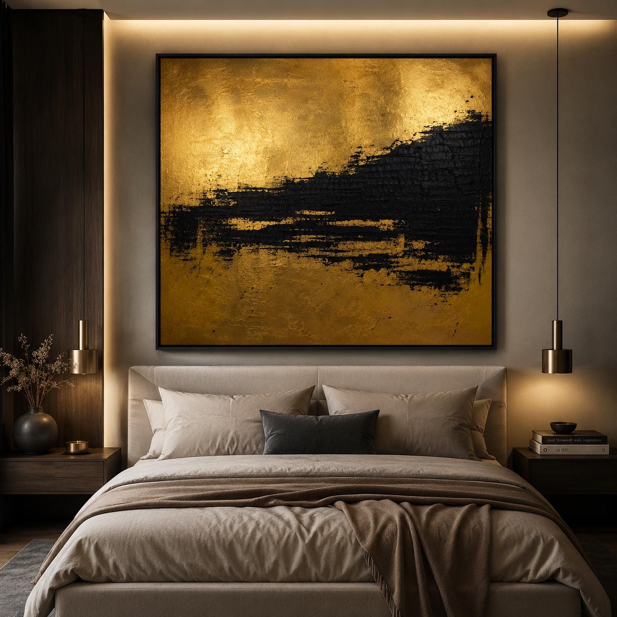 Black Gold Textured Abstract Painting, Luxury Gold Leaf Wall Art