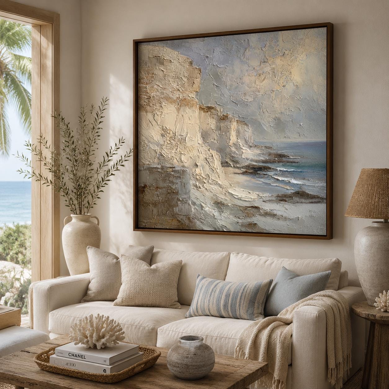 Coastal Cliff Wall Art, Textured Ocean Landscape Painting, Neutral Seascape Canvas, Beach Cliffs Impasto Artwork, Luxury Coastal Wall Decor