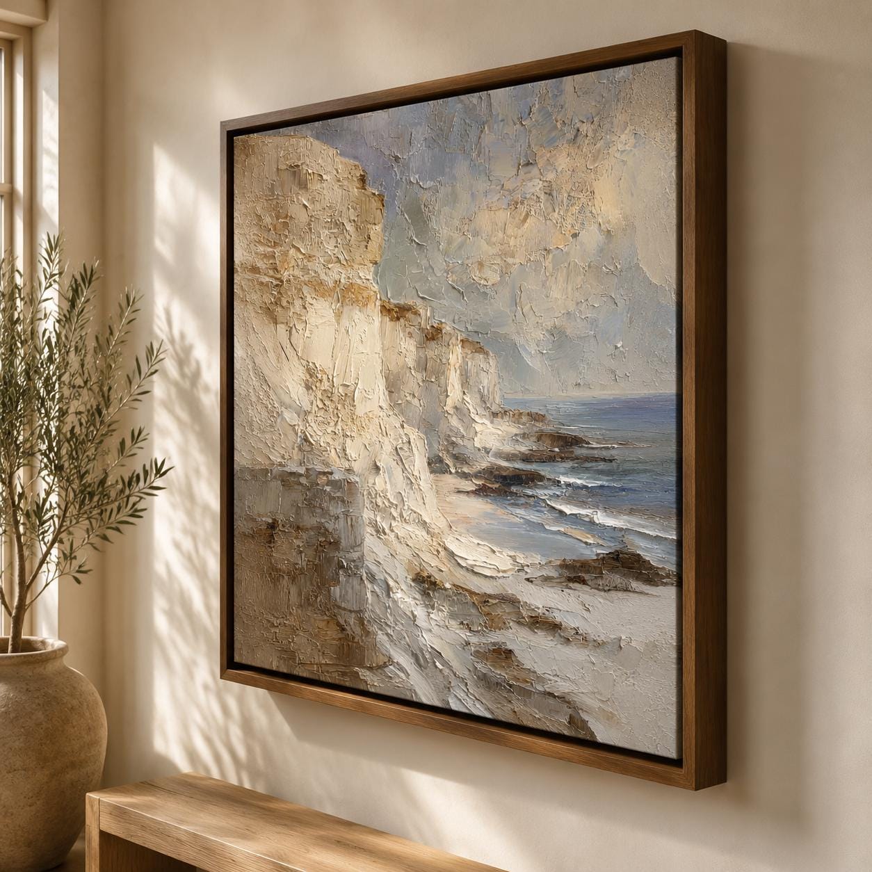 Coastal Cliff Wall Art, Textured Ocean Landscape Painting, Neutral Seascape Canvas, Beach Cliffs Impasto Artwork, Luxury Coastal Wall Decor