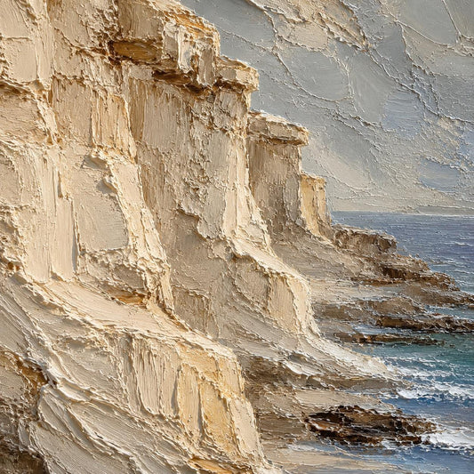 Coastal Cliff Wall Art, Textured Ocean Landscape Painting, Neutral Seascape Canvas, Beach Cliffs Impasto Artwork, Luxury Coastal Wall Decor