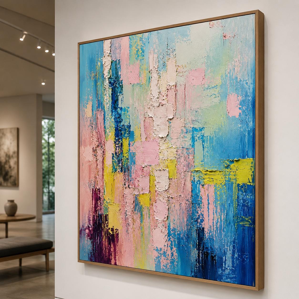 Handmade Textured Abstract Canvas Painting, Pastel Blue Pink Wall Art