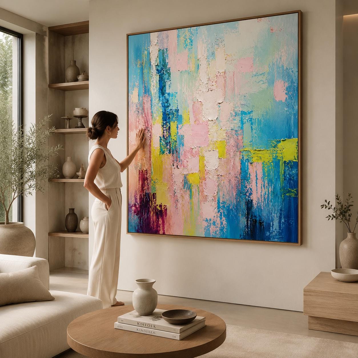 Handmade Textured Abstract Canvas Painting, Pastel Blue Pink Wall Art