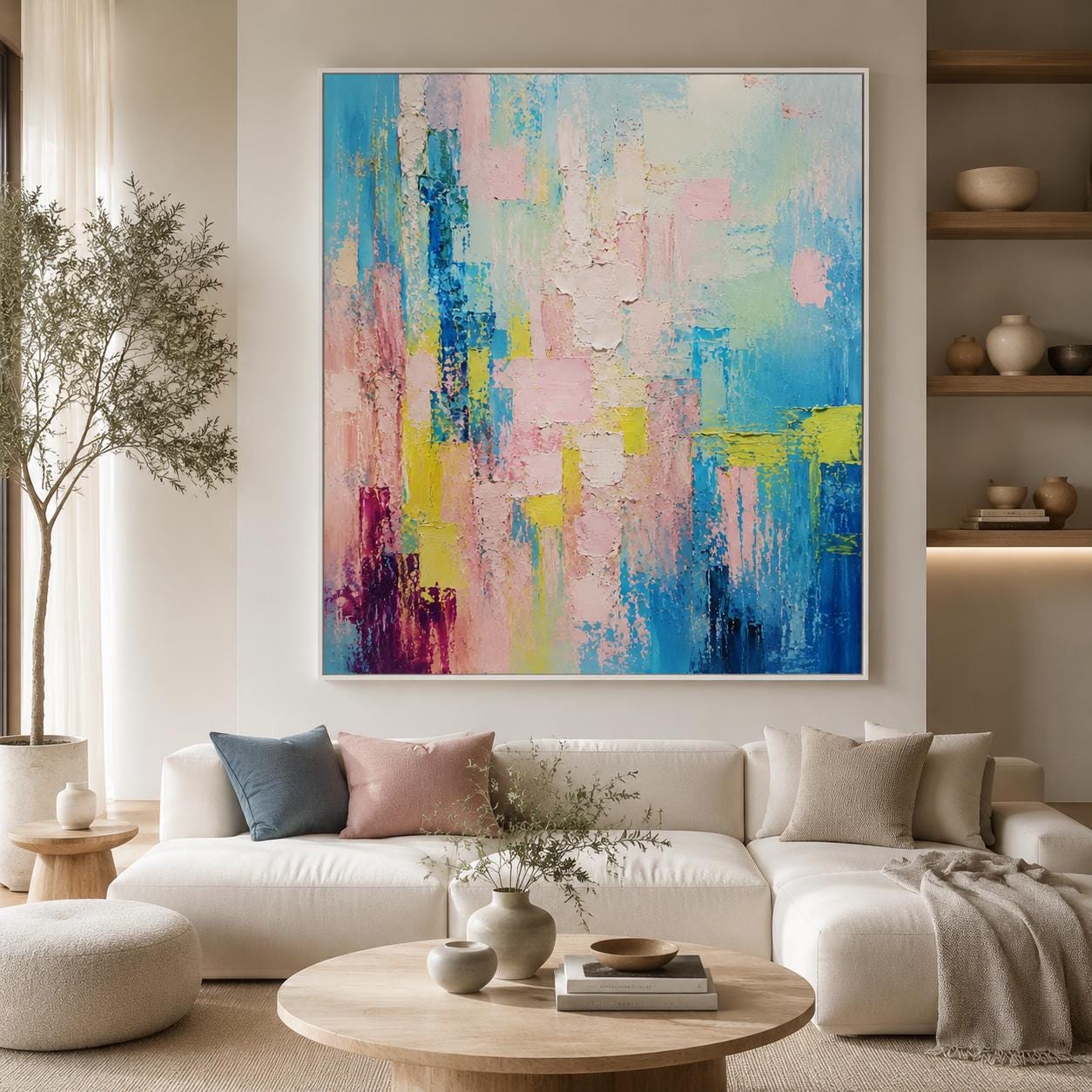 Handmade Textured Abstract Canvas Painting, Pastel Blue Pink Wall Art