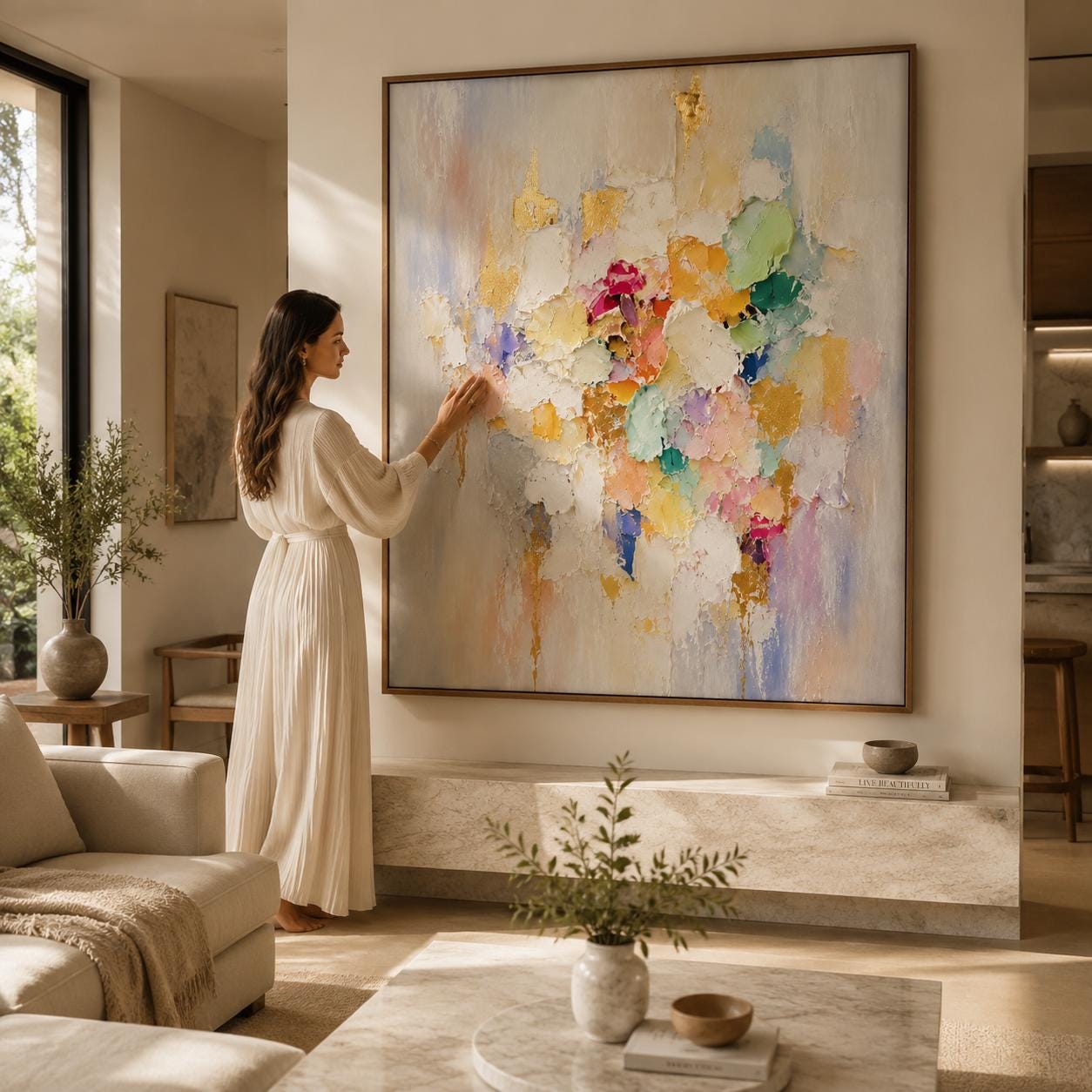 Handmade Pastel Textured Abstract Painting, White Gold Impasto Canvas Artwork