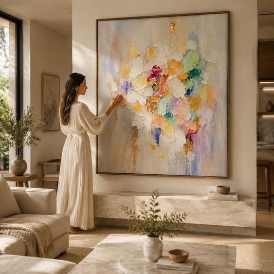 Handmade Pastel Textured Abstract Painting, White Gold Impasto Canvas Artwork