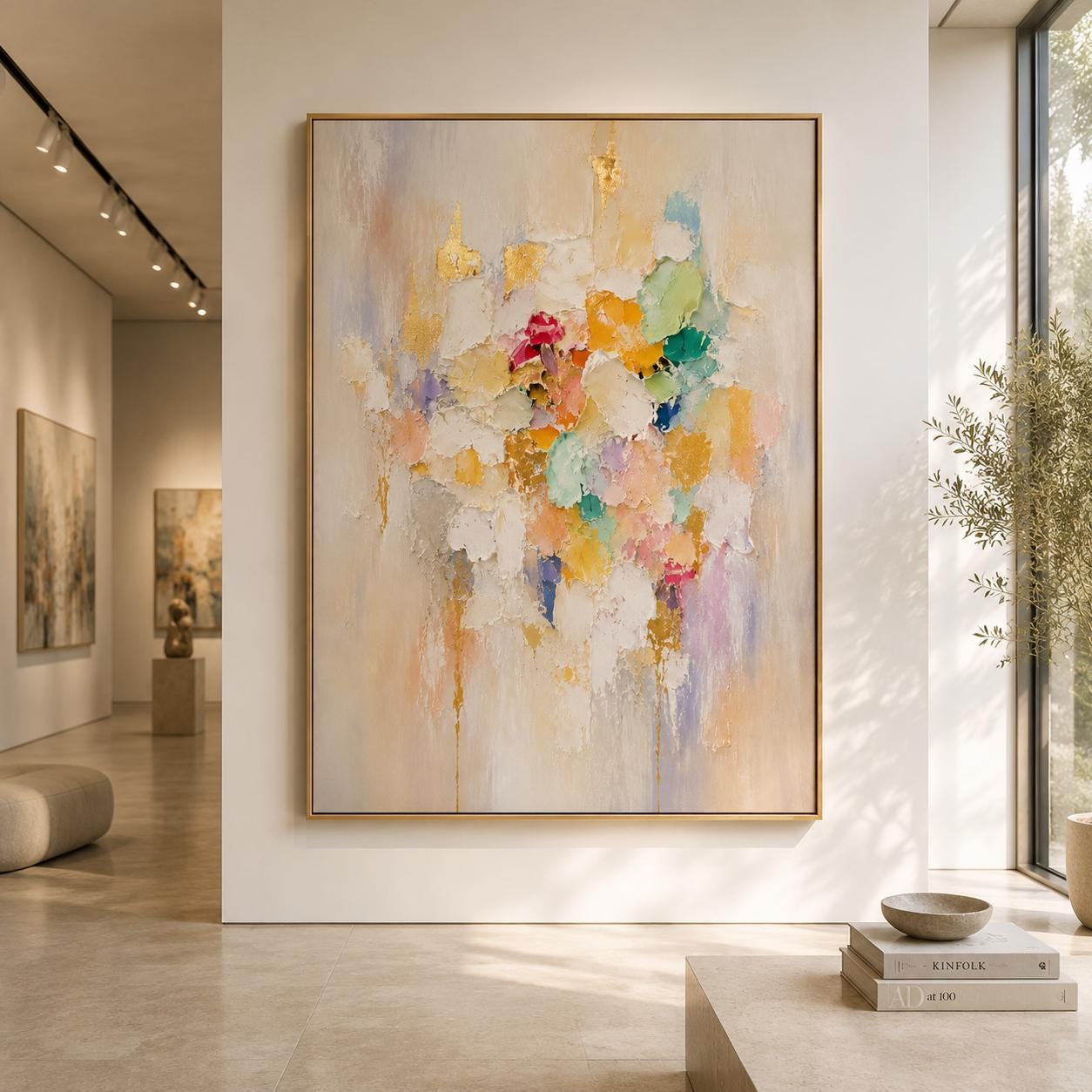 Handmade Pastel Textured Abstract Painting, White Gold Impasto Canvas Artwork